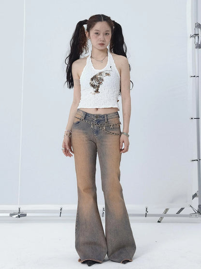 Vintage Distressed Flare Jeans For Women