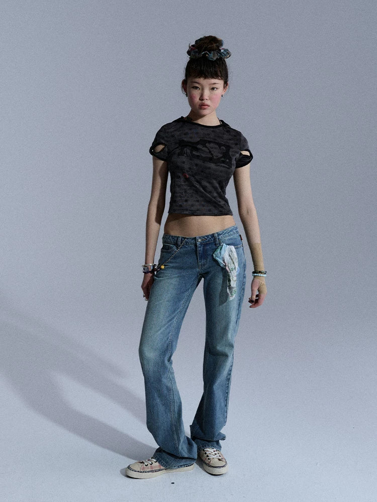 Achihara Vintage Distressed Wrap Cutout Polka Dot Cropped Women&