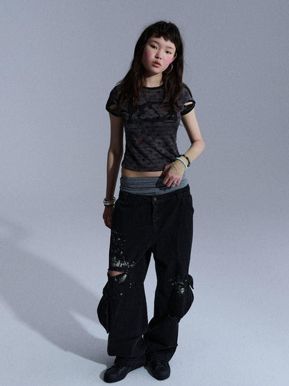 Achihara Vintage Distressed Wrap Cutout Polka Dot Cropped Women&