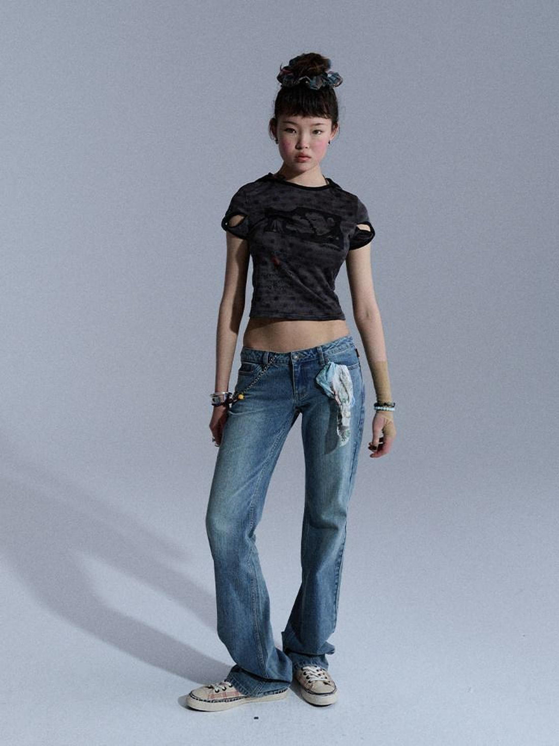 Achihara Vintage Distressed Wrap Cutout Polka Dot Cropped Women&