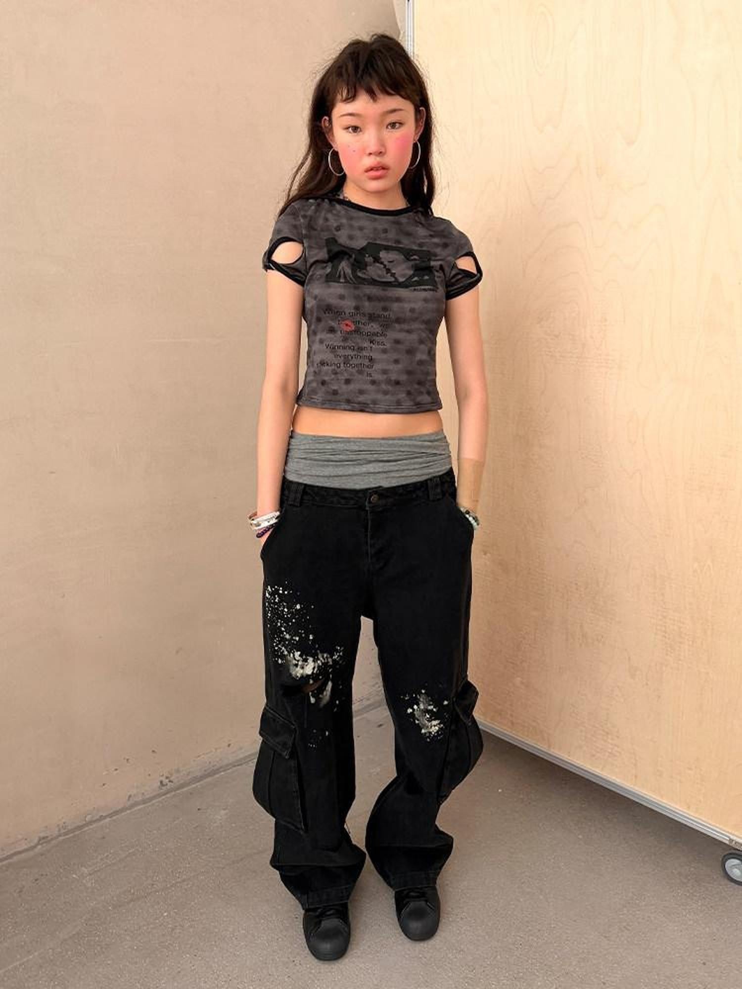 Achihara Vintage Distressed Wrap Cutout Polka Dot Cropped Women&