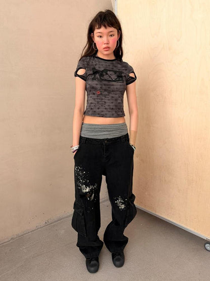 Achihara Vintage Distressed Wrap Cutout Polka Dot Cropped Women&