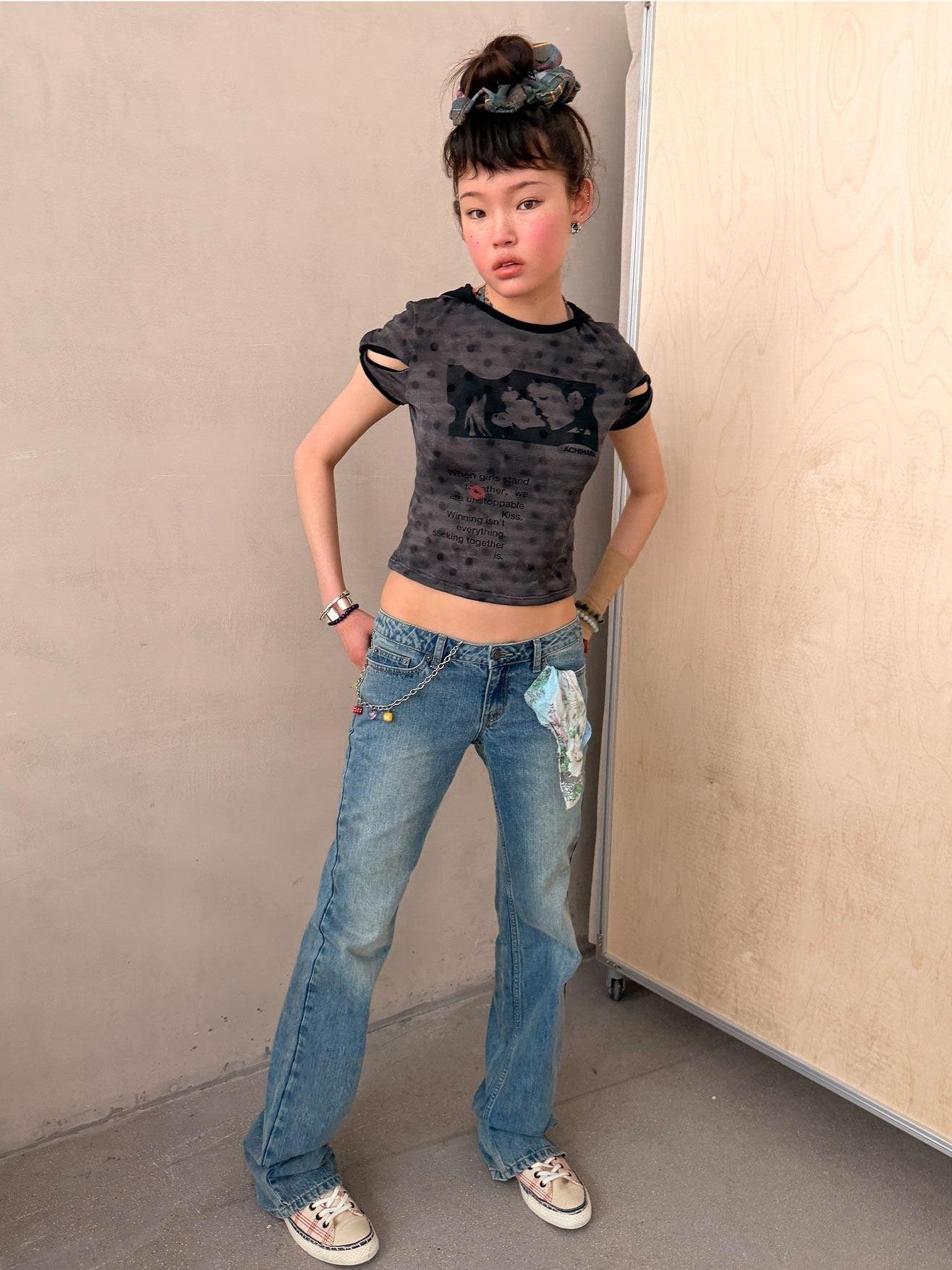 Achihara Vintage Distressed Wrap Cutout Polka Dot Cropped Women&