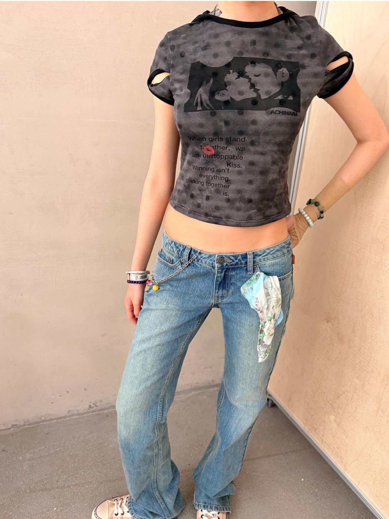 Achihara Vintage Distressed Wrap Cutout Polka Dot Cropped Women&