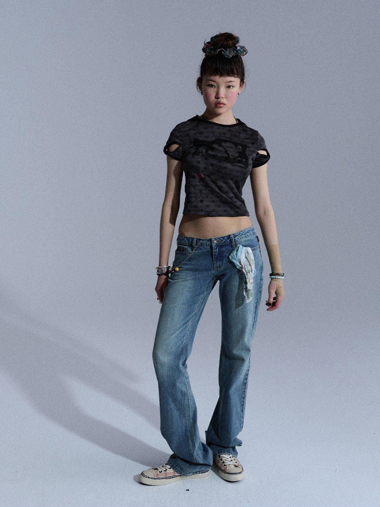 Achihara Vintage Distressed Wrap Cutout Polka Dot Cropped Women&