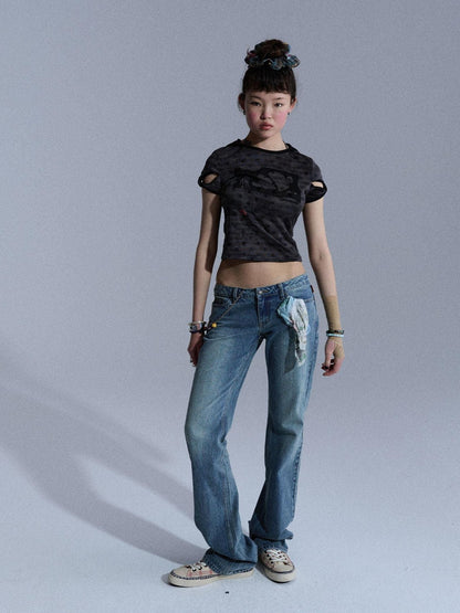 Achihara Vintage Distressed Wrap Cutout Polka Dot Cropped Women&