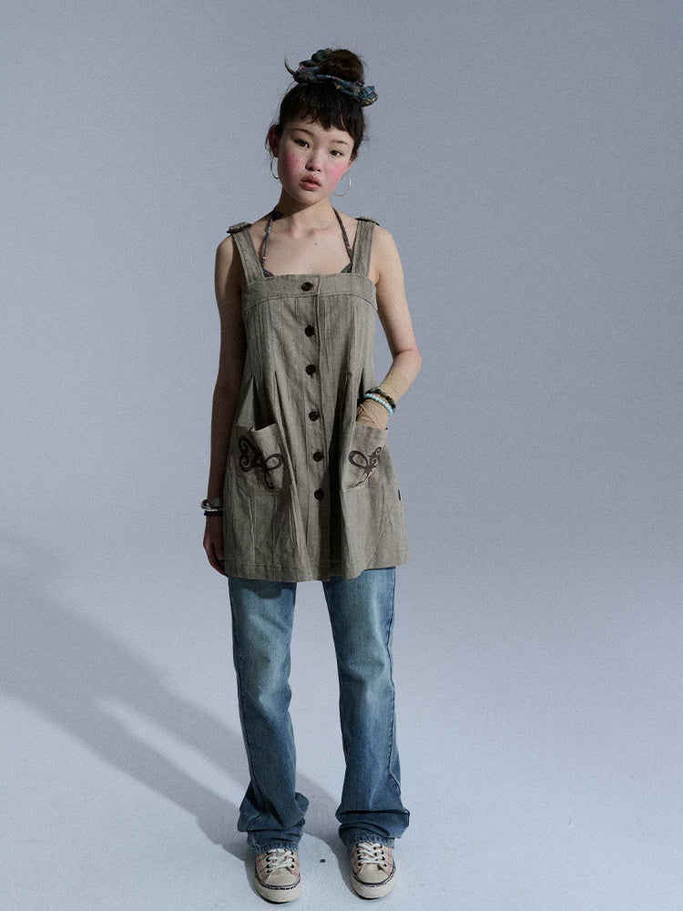 Achihara Vintage Embroidered Pocket Pinafore Women&