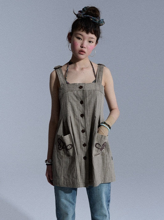Achihara Vintage Embroidered Pocket Pinafore Women&