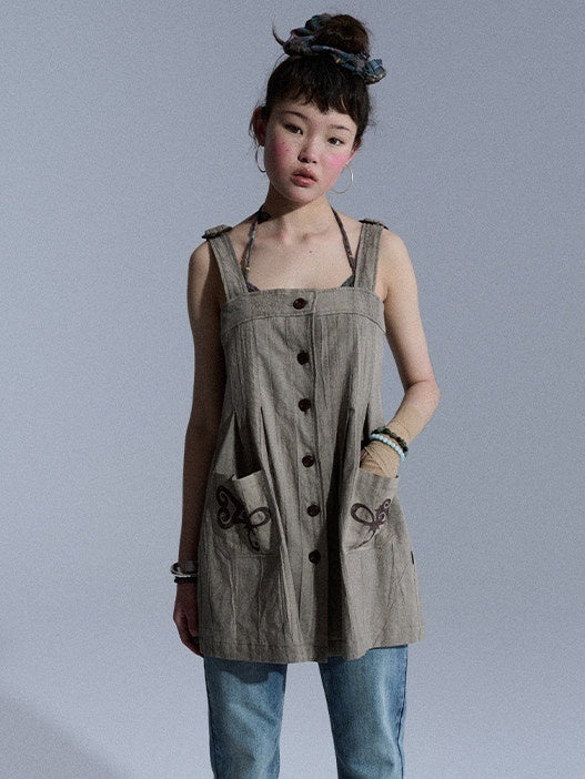 Achihara Vintage Embroidered Pocket Pinafore Women&