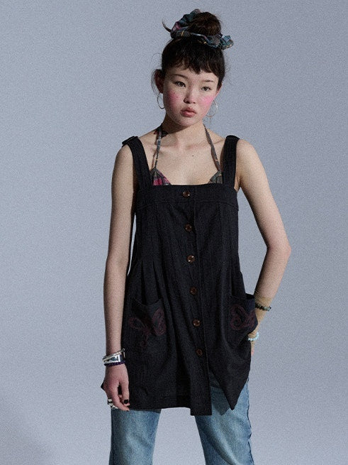 Achihara Vintage Embroidered Pocket Pinafore Women&
