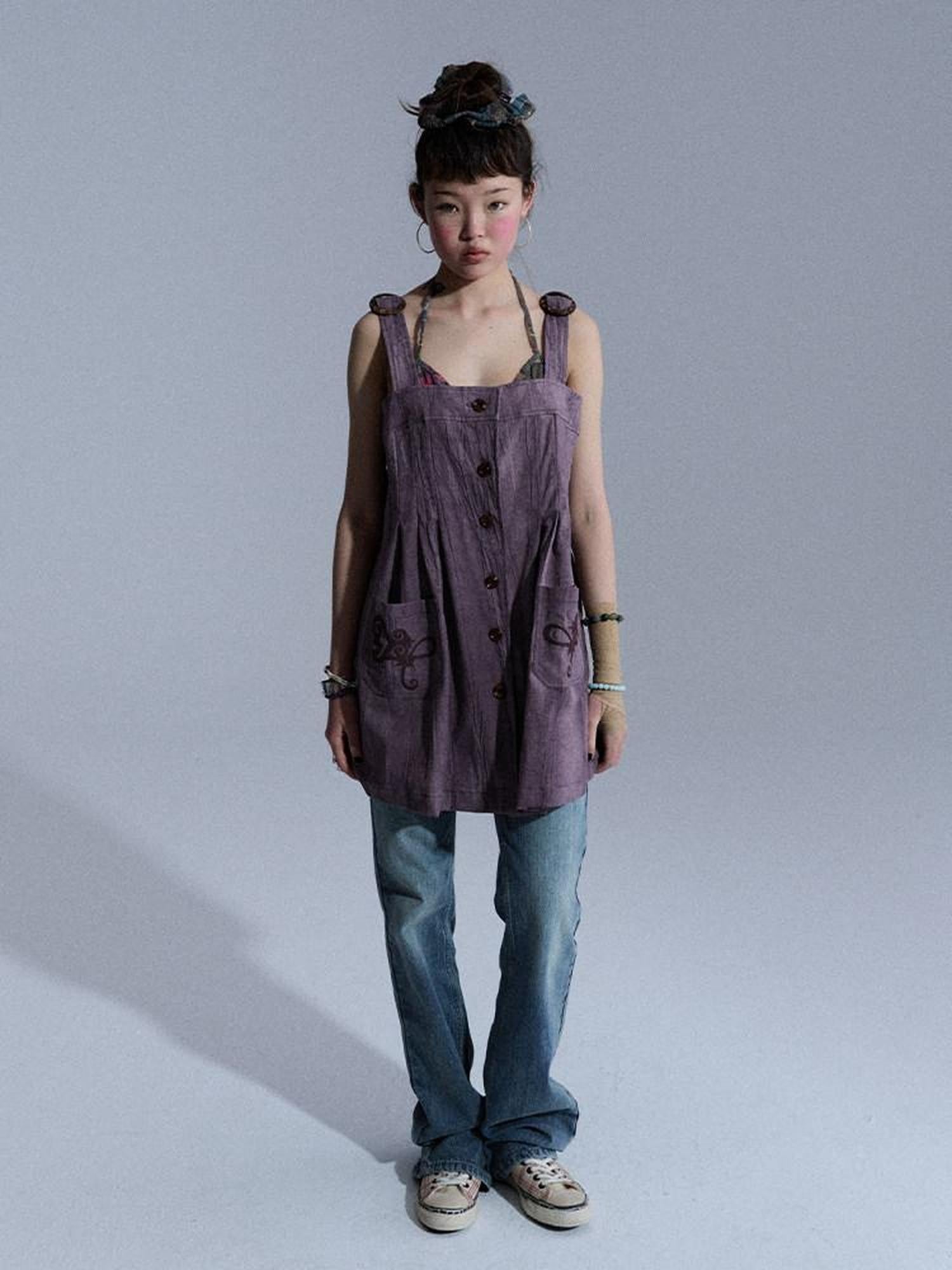 Achihara Vintage Embroidered Pocket Pinafore Women&