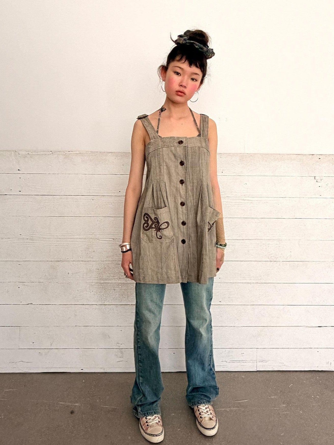 Achihara Vintage Embroidered Pocket Pinafore Women&