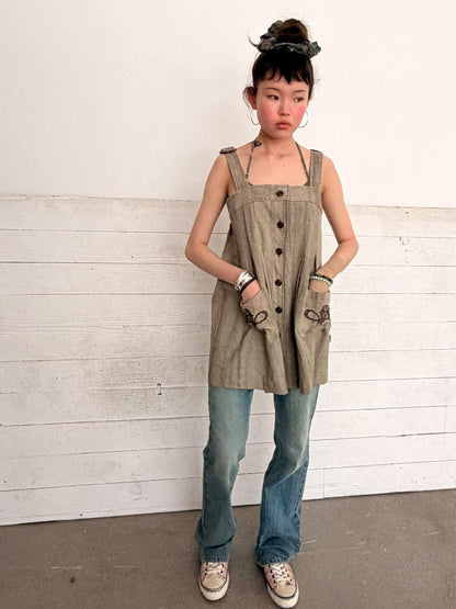 Achihara Vintage Embroidered Pocket Pinafore Women&