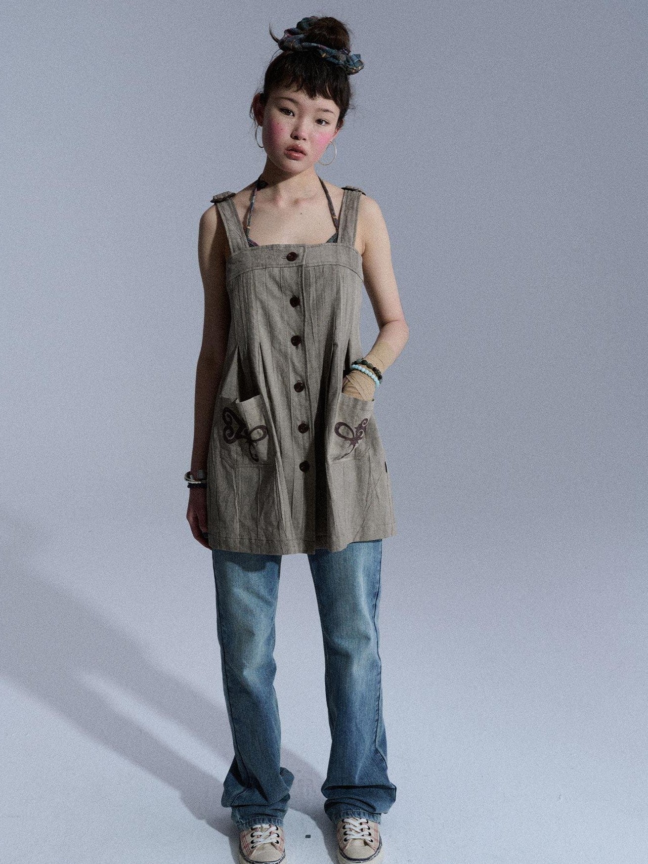 Achihara Vintage Embroidered Pocket Pinafore Women&