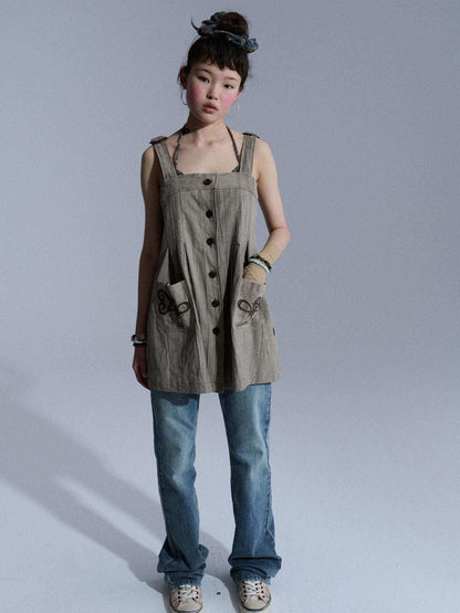 Achihara Vintage Embroidered Pocket Pinafore Women&