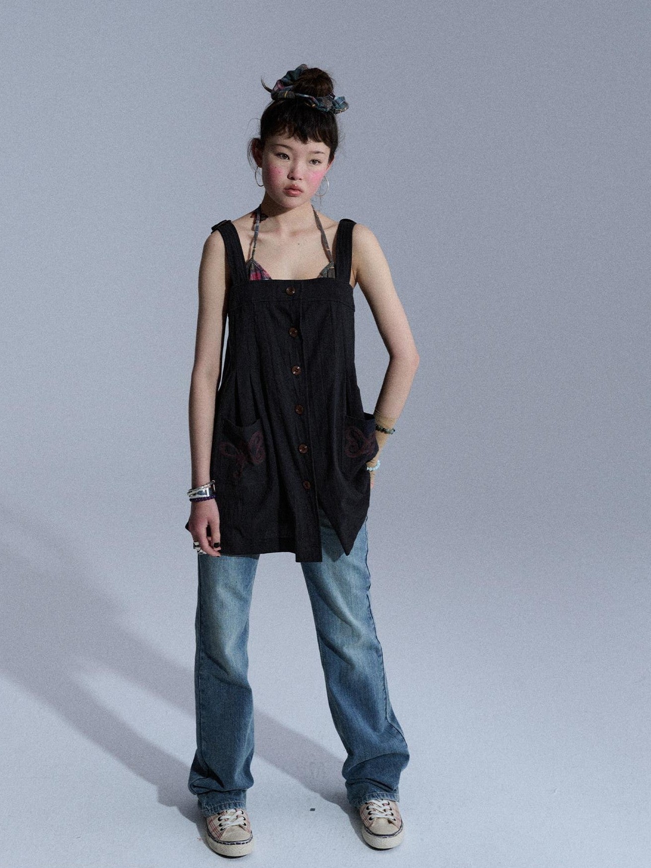 Achihara Vintage Embroidered Pocket Pinafore Women&