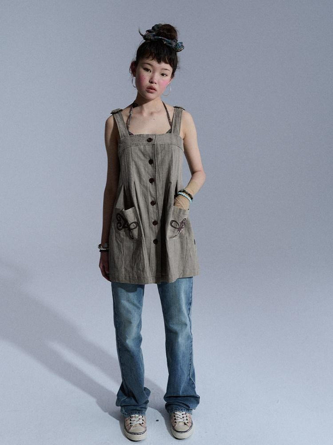 Achihara Vintage Embroidered Pocket Pinafore Women&