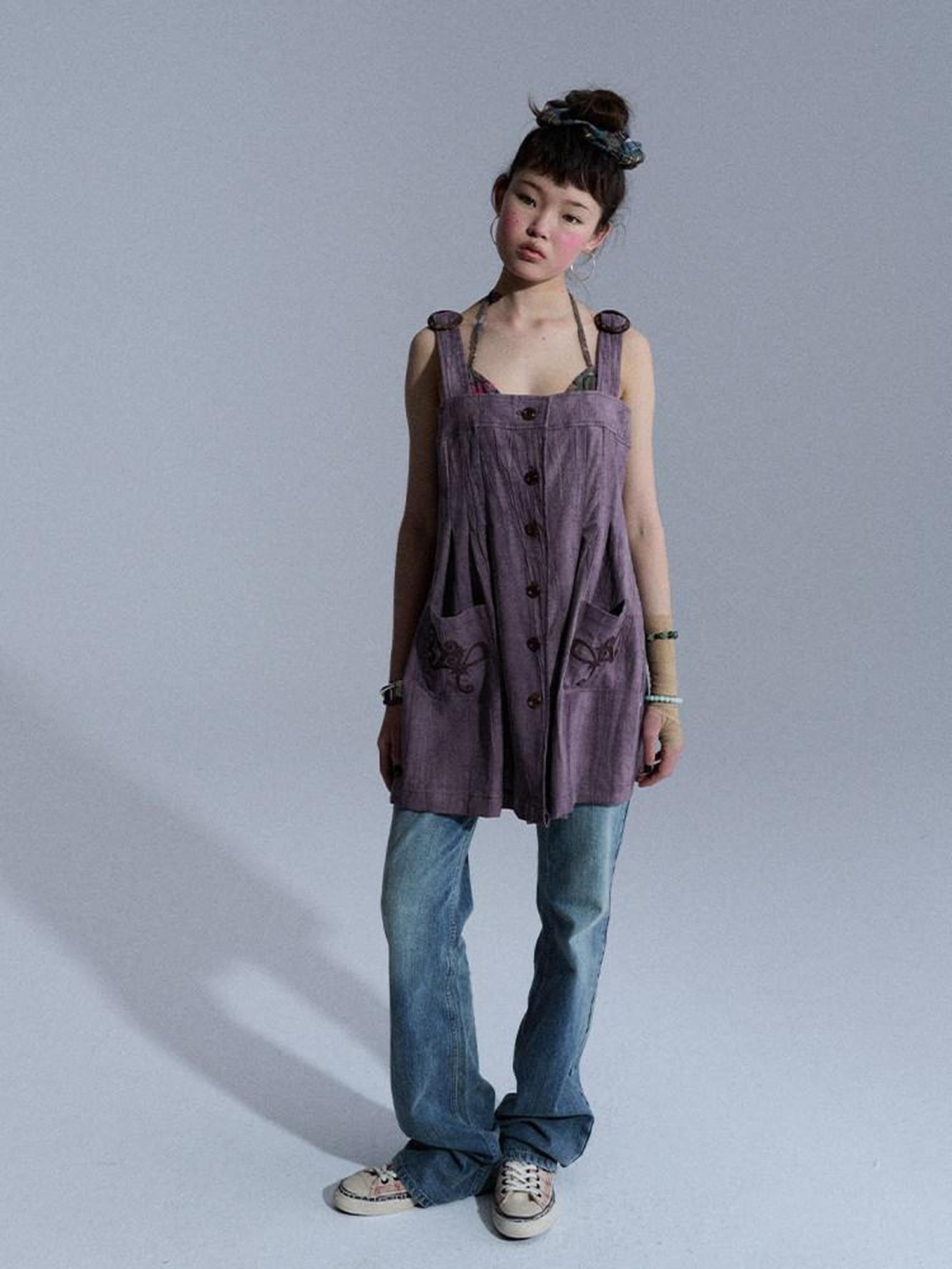 Achihara Vintage Embroidered Pocket Pinafore Women&