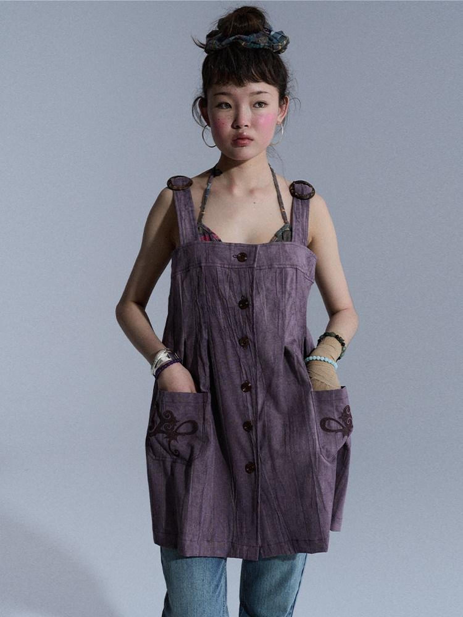 Achihara Vintage Embroidered Pocket Pinafore Women&