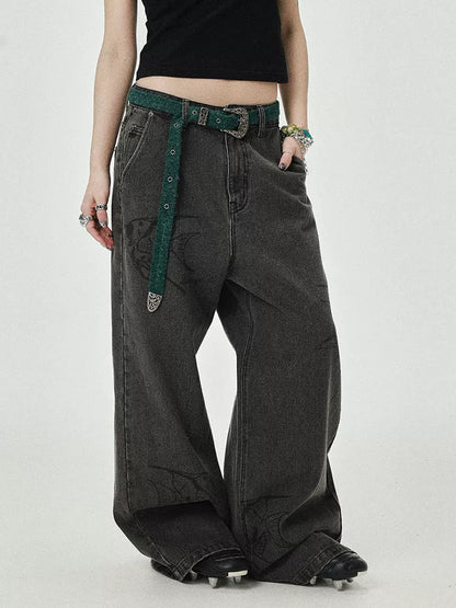Achihara Vintage Grey Denim Trousers With Celestial Fish Print-1