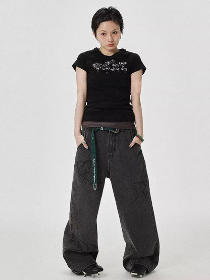 Vintage Grey Denim Trousers With Celestial Fish Print