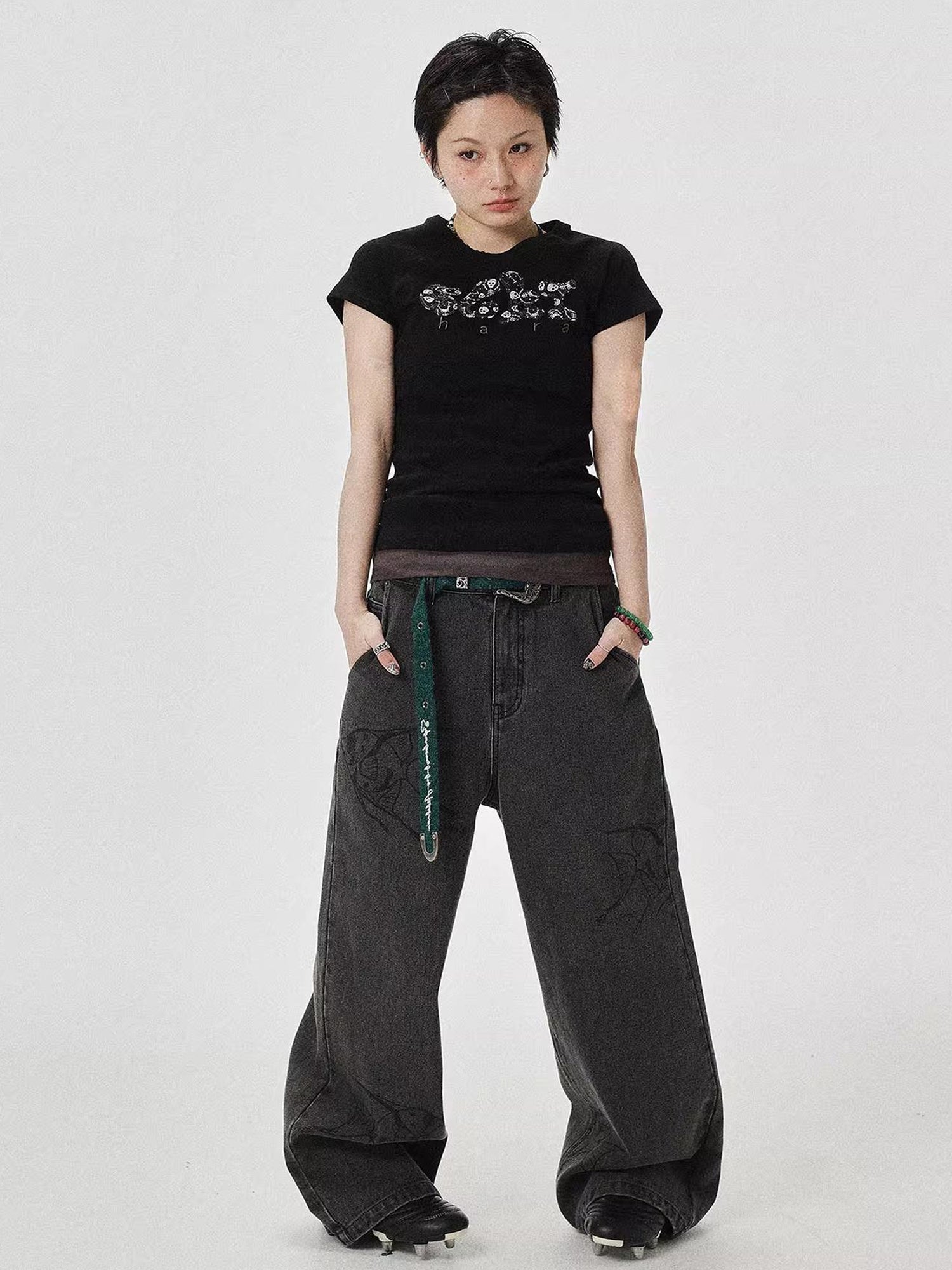 Achihara Vintage Grey Denim Trousers With Celestial Fish Print