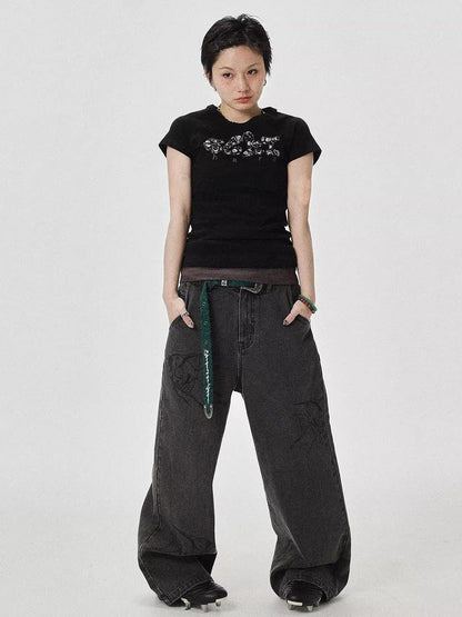 Achihara Vintage Grey Denim Trousers With Celestial Fish Print