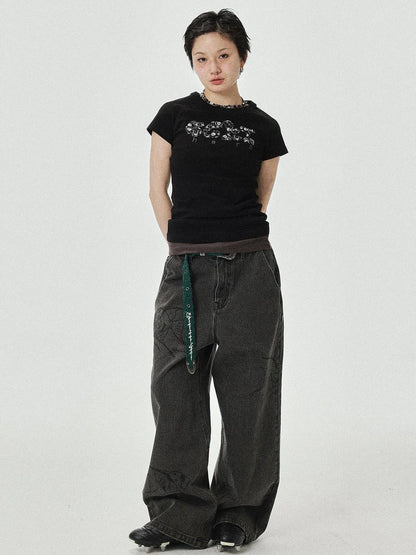 Vintage Grey Denim Trousers With Celestial Fish Print