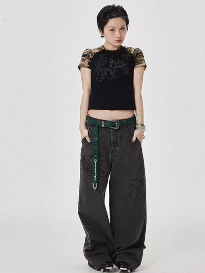 Vintage Grey Denim Trousers With Celestial Fish Print