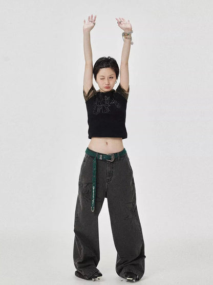 Vintage Grey Denim Trousers With Celestial Fish Print