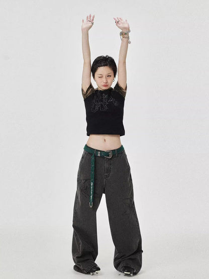 Achihara Vintage Grey Denim Trousers With Celestial Fish Print