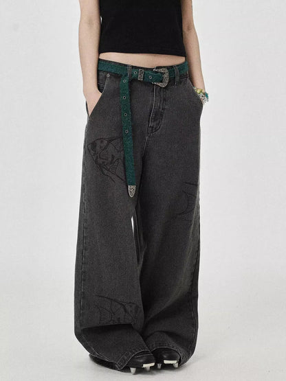 Vintage Grey Denim Trousers With Celestial Fish Print
