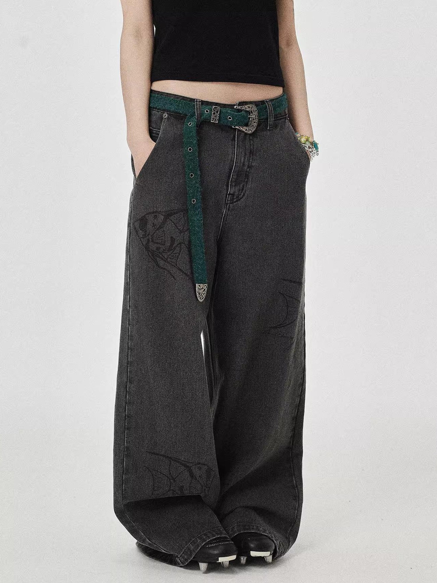 Achihara Vintage Grey Denim Trousers With Celestial Fish Print