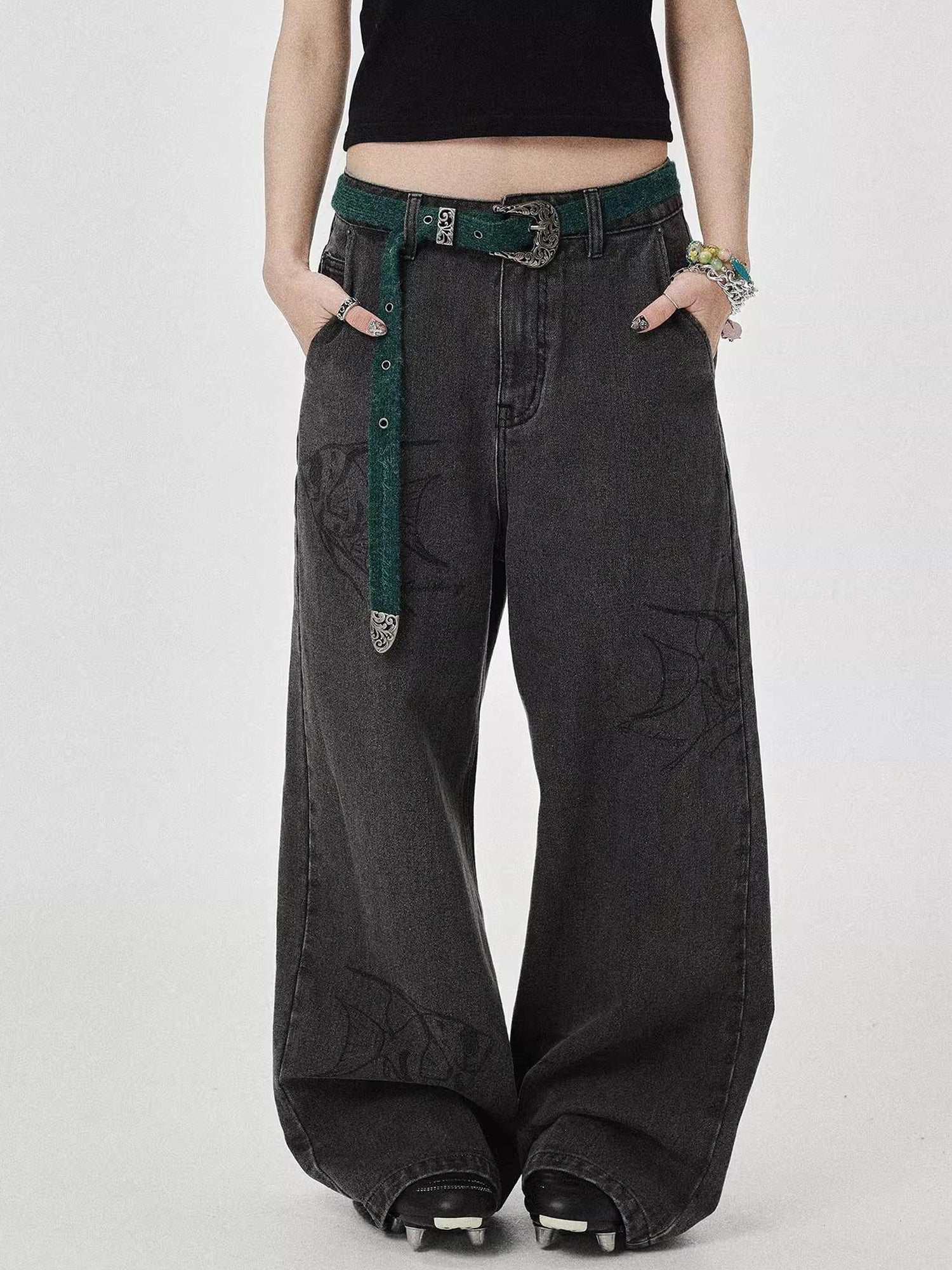Achihara Vintage Grey Denim Trousers With Celestial Fish Print