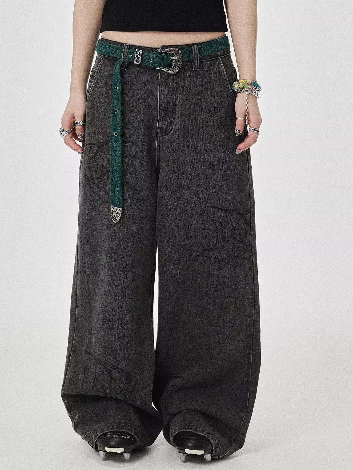 Achihara Vintage Grey Denim Trousers With Celestial Fish Print