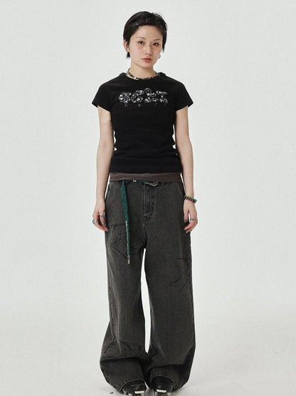 Vintage Grey Denim Trousers With Celestial Fish Print