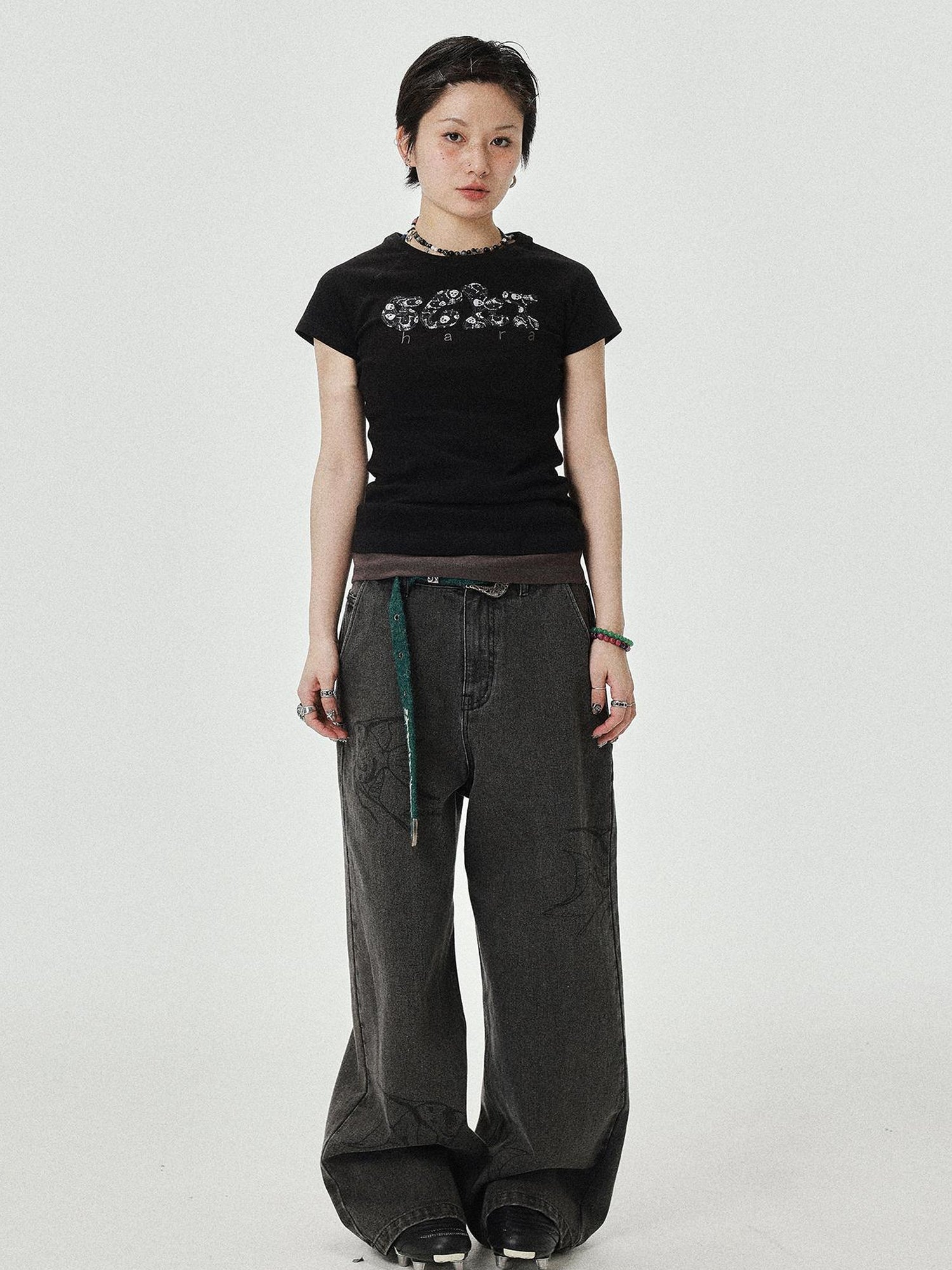 Achihara Vintage Grey Denim Trousers With Celestial Fish Print