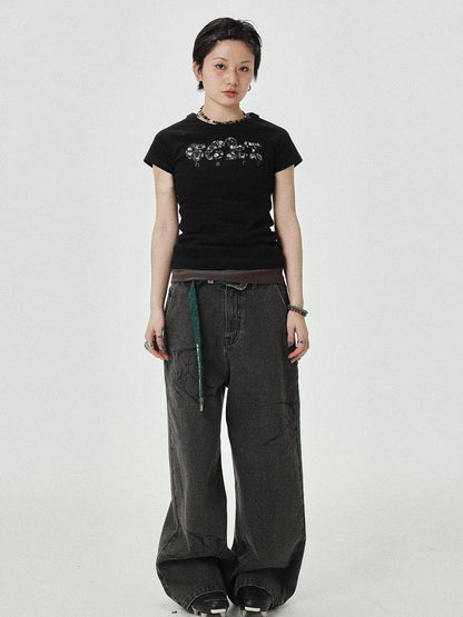 Achihara Vintage Grey Denim Trousers With Celestial Fish Print