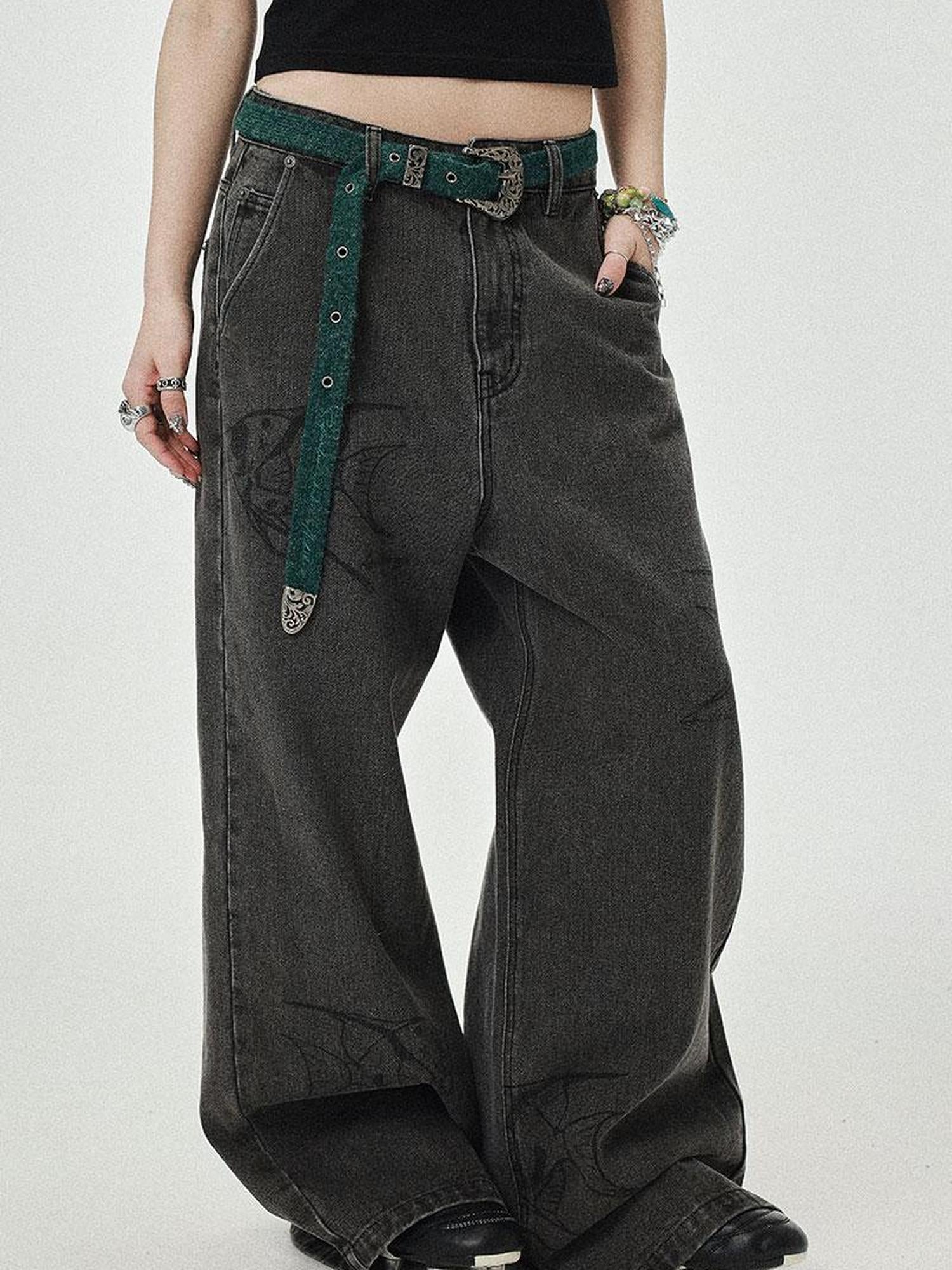 Achihara Vintage Grey Denim Trousers With Celestial Fish Print