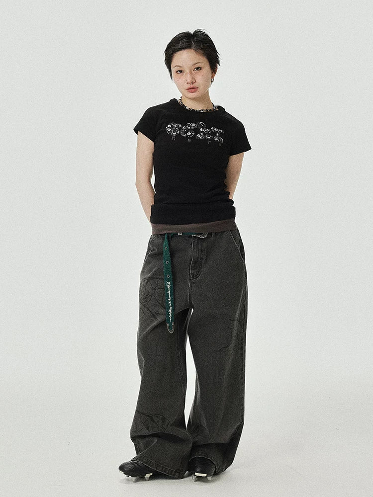 Achihara Vintage Grey Denim Trousers With Celestial Fish Print-2