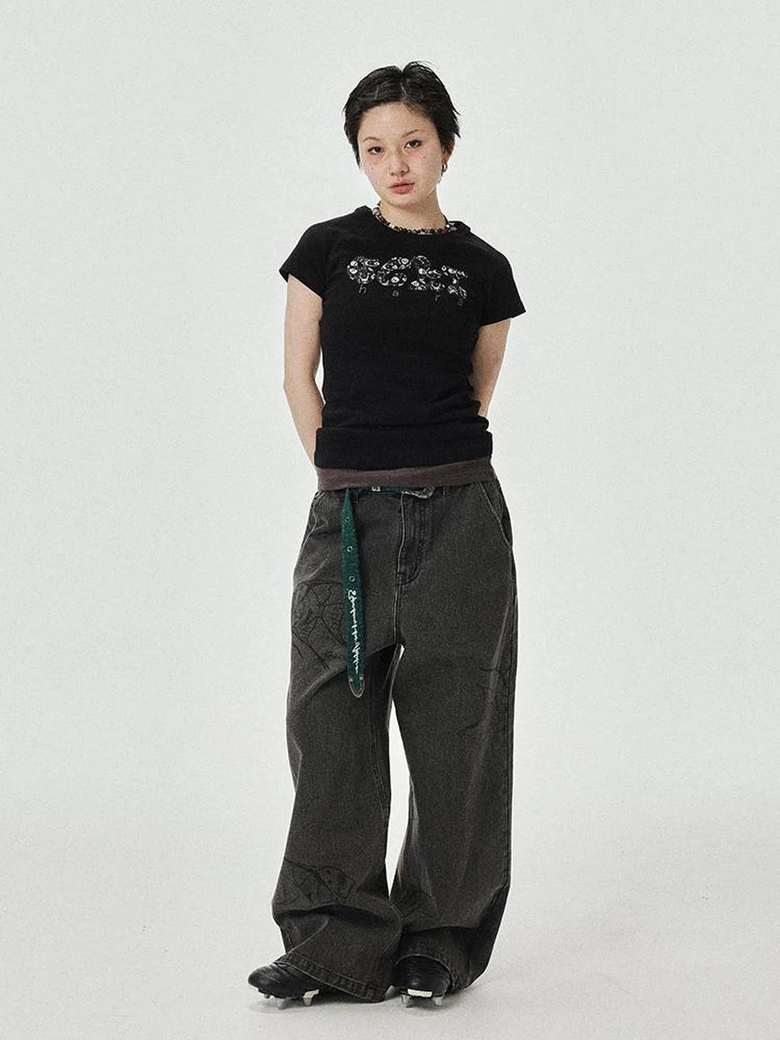 Vintage Grey Denim Trousers With Celestial Fish Print