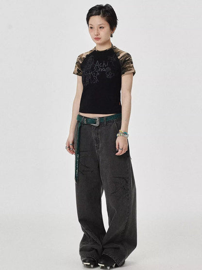 Achihara Vintage Grey Denim Trousers With Celestial Fish Print