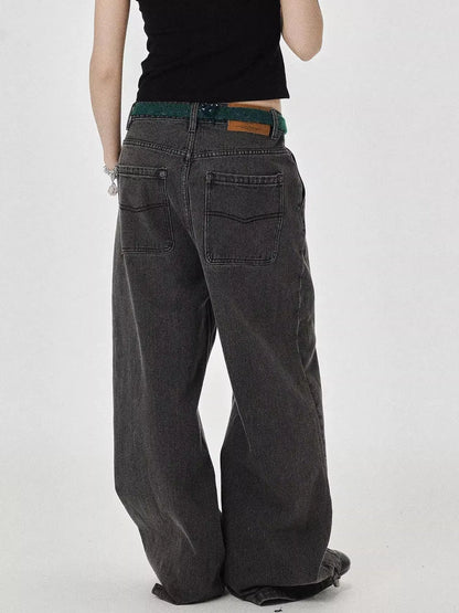 Vintage Grey Denim Trousers With Celestial Fish Print