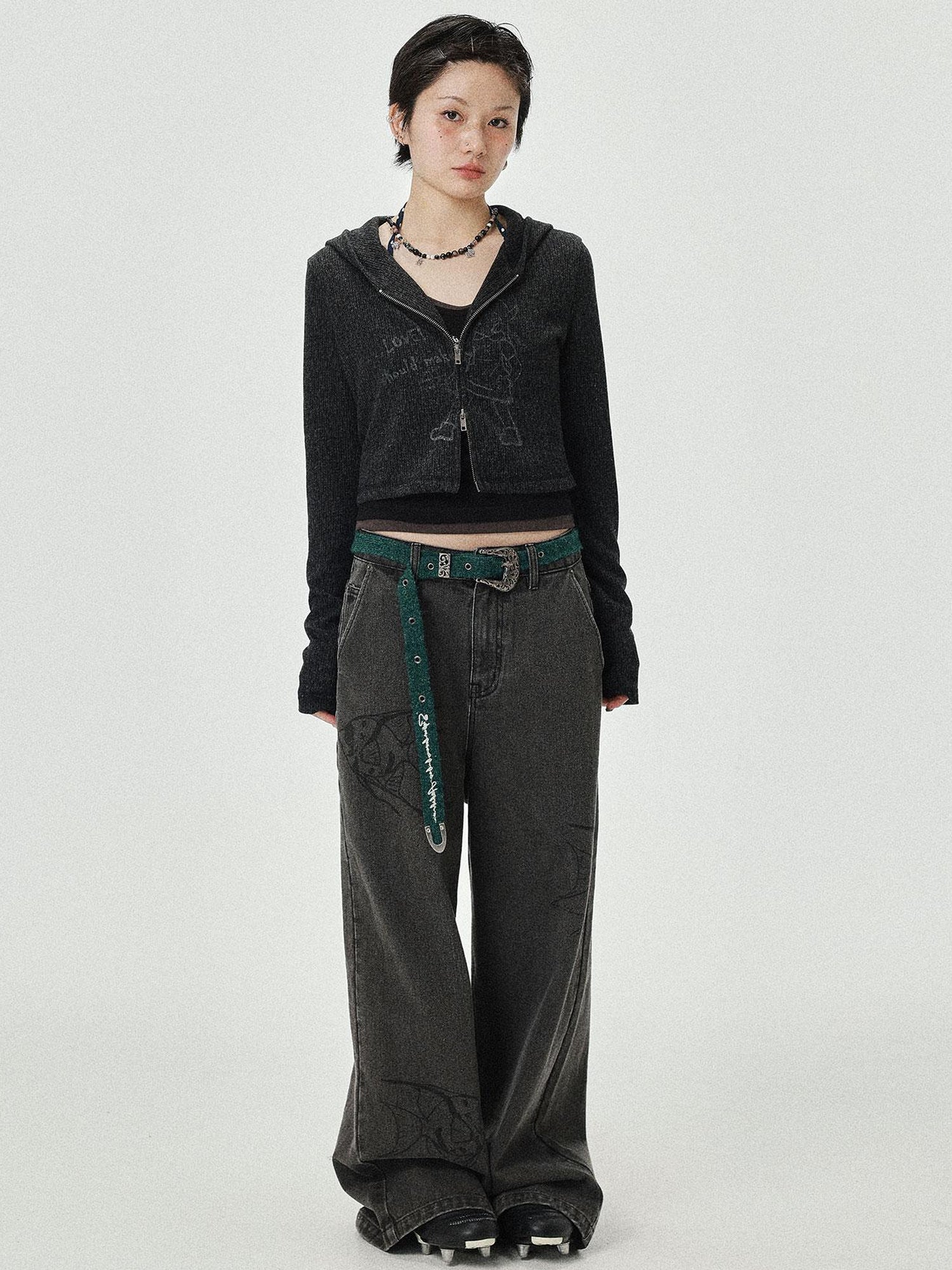 Achihara Vintage Grey Denim Trousers With Celestial Fish Print