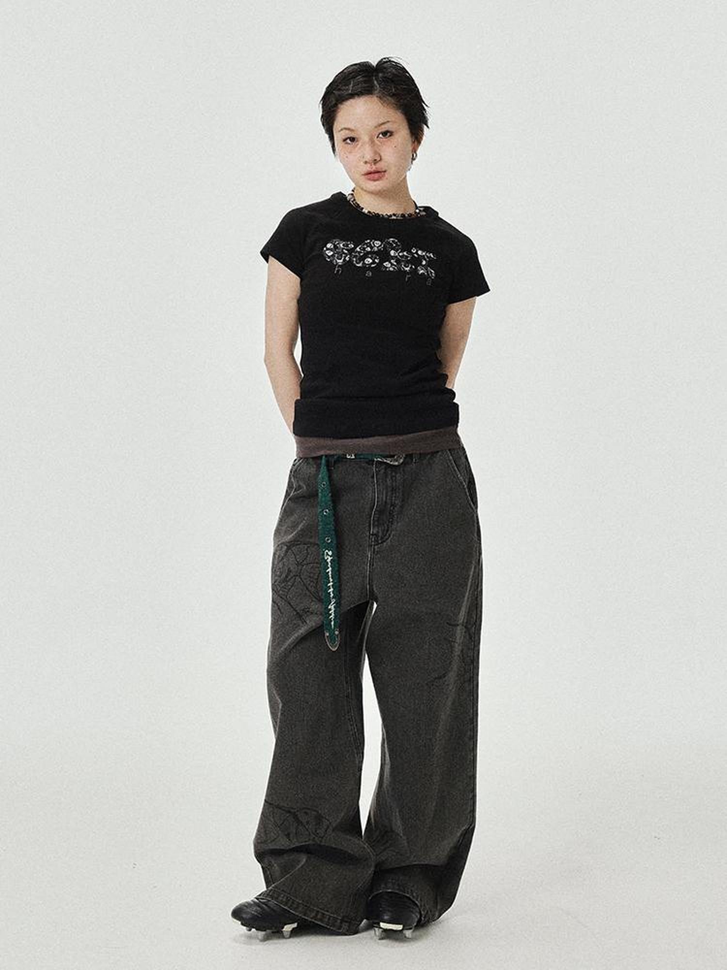 Achihara Vintage Grey Denim Trousers With Celestial Fish Print