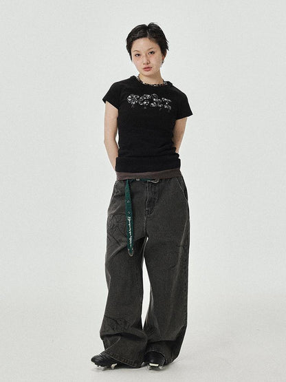 Achihara Vintage Grey Denim Trousers With Celestial Fish Print