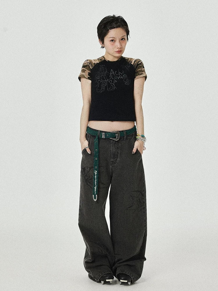 Achihara Vintage Grey Denim Trousers With Celestial Fish Print-3