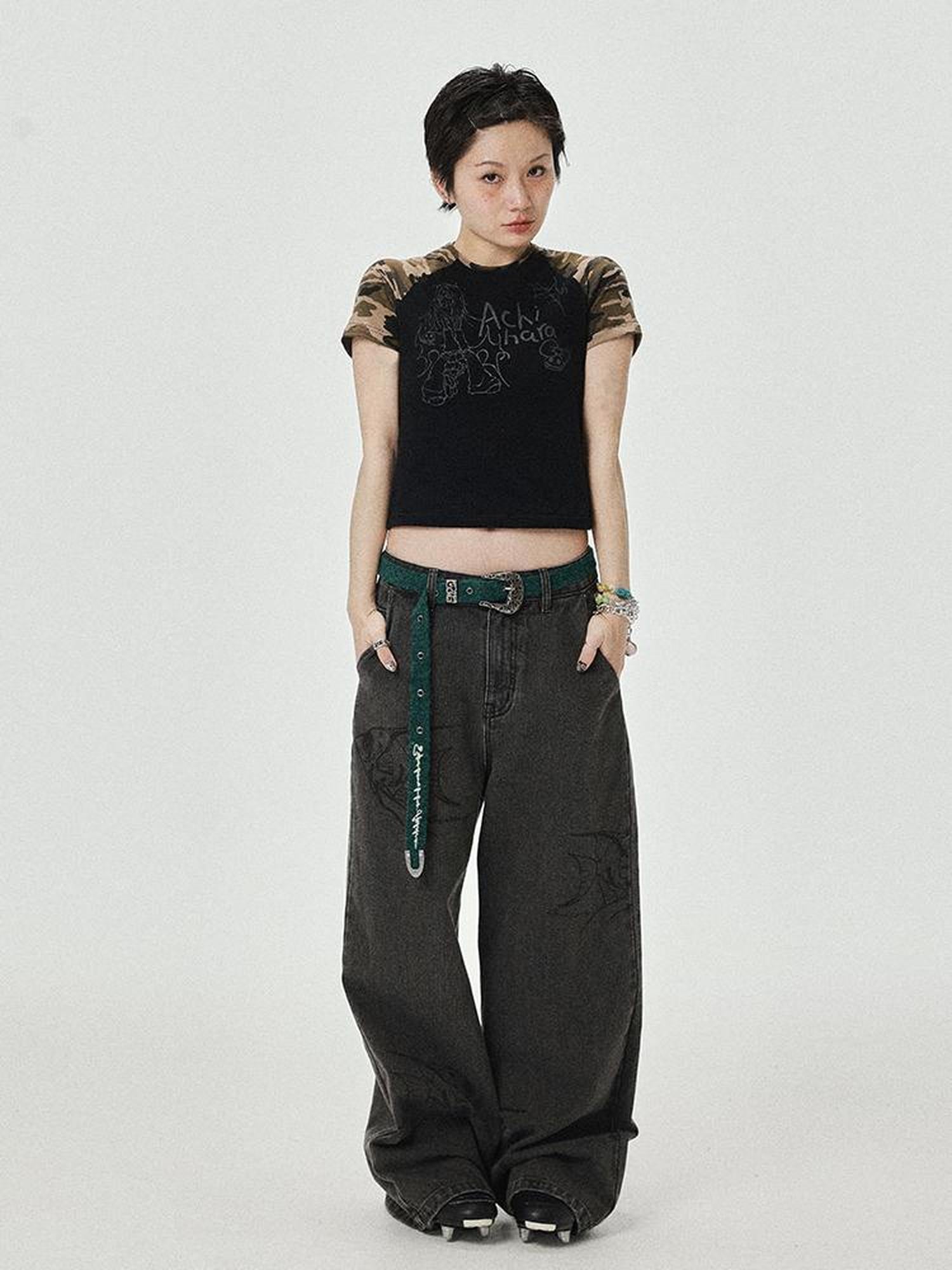 Achihara Vintage Grey Denim Trousers With Celestial Fish Print