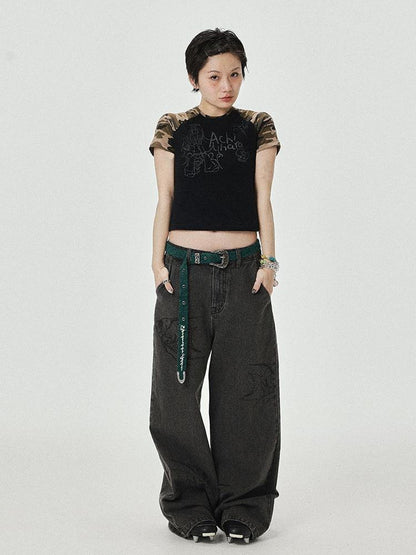 Achihara Vintage Grey Denim Trousers With Celestial Fish Print