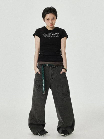 Achihara Vintage Grey Denim Trousers With Celestial Fish Print-4